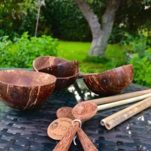 family set of tovi coconut bowls with spoons and bamboo straws on a table outside